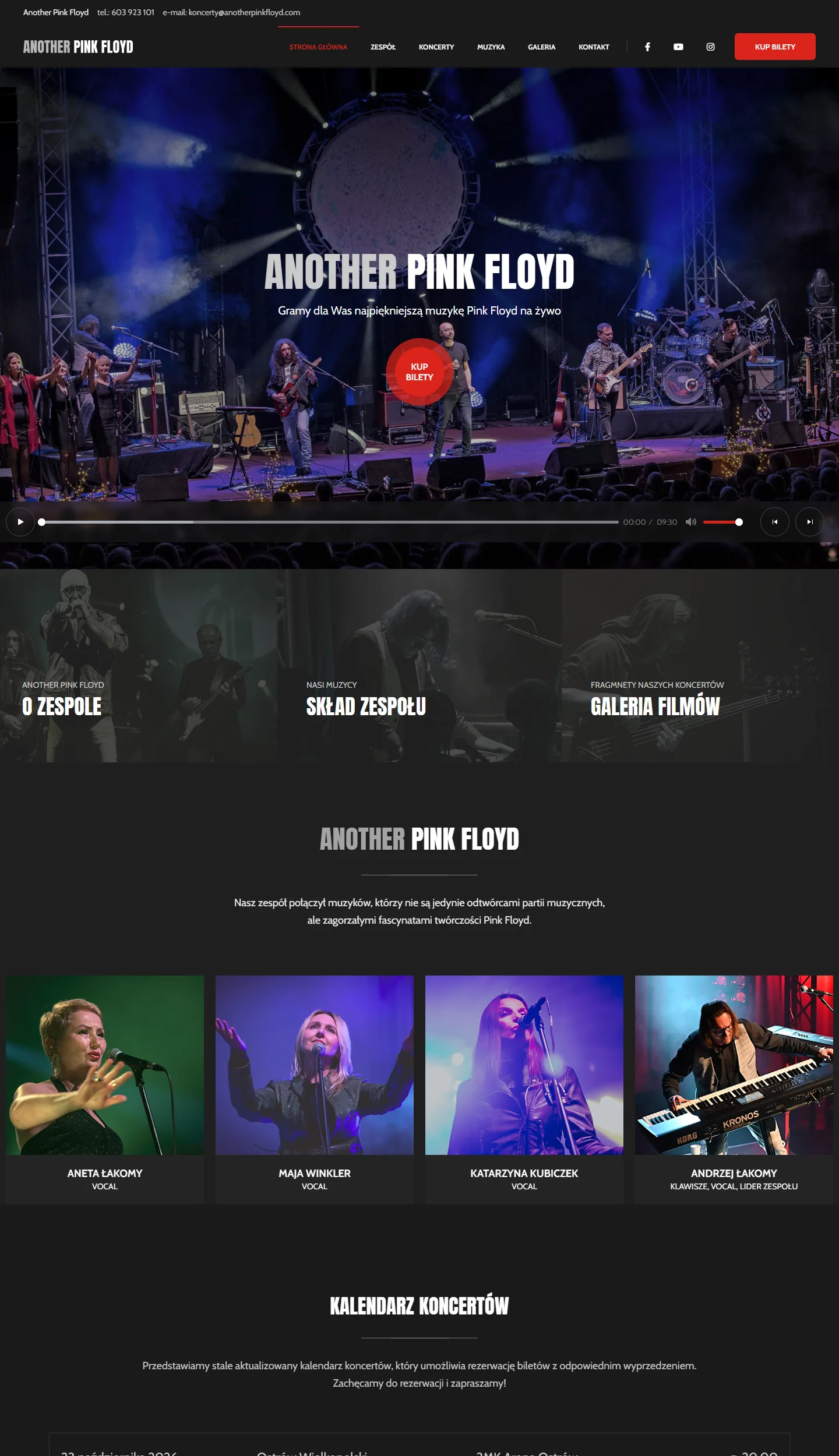 Strona główna serwisu Another Pink Floyd z przyciskiem zakupu biletów i skrótami do informacji o zespole