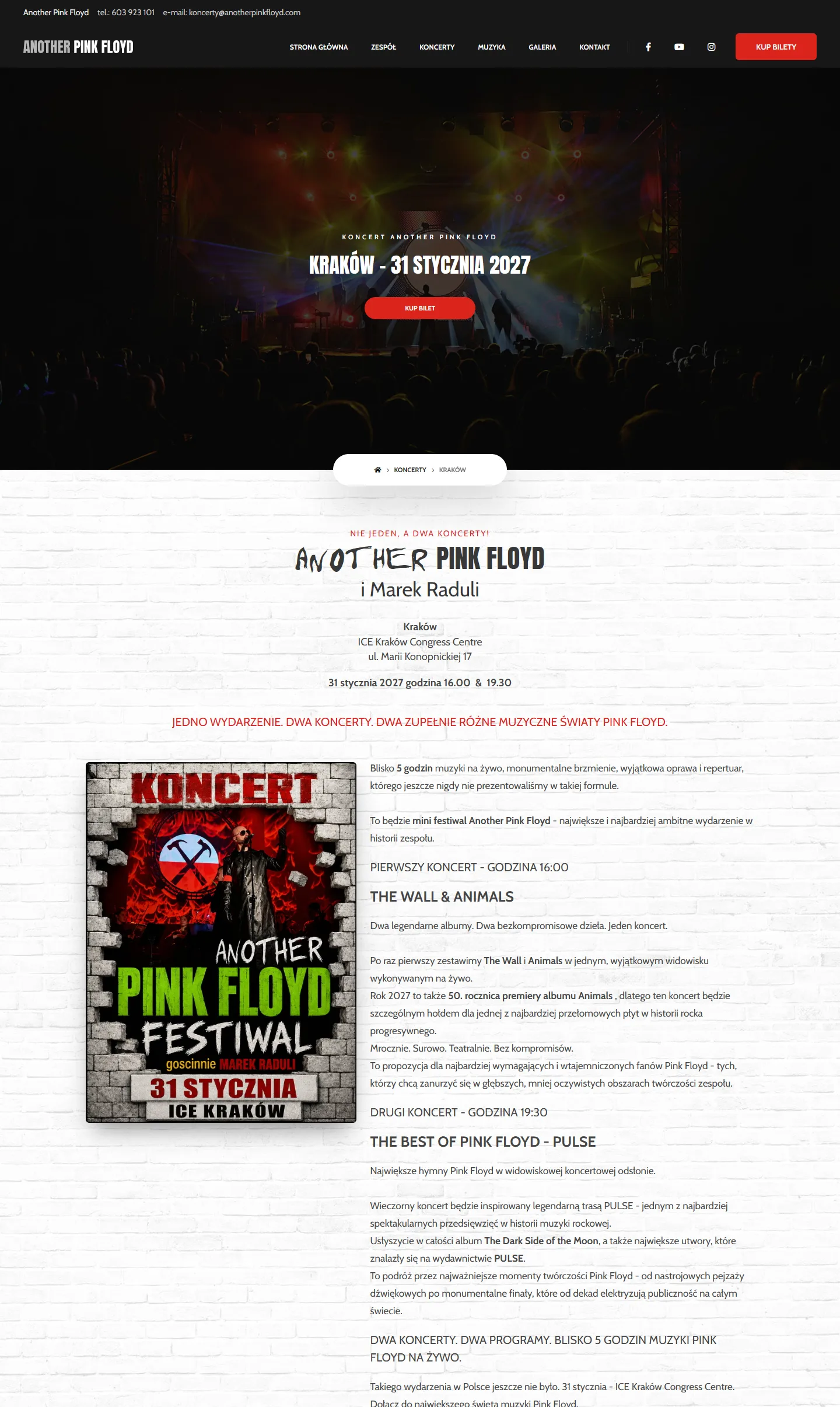 odstrona koncertu Another Pink Floyd w Krakowie z wyborem bileterii dla każdego z dwóch koncertów