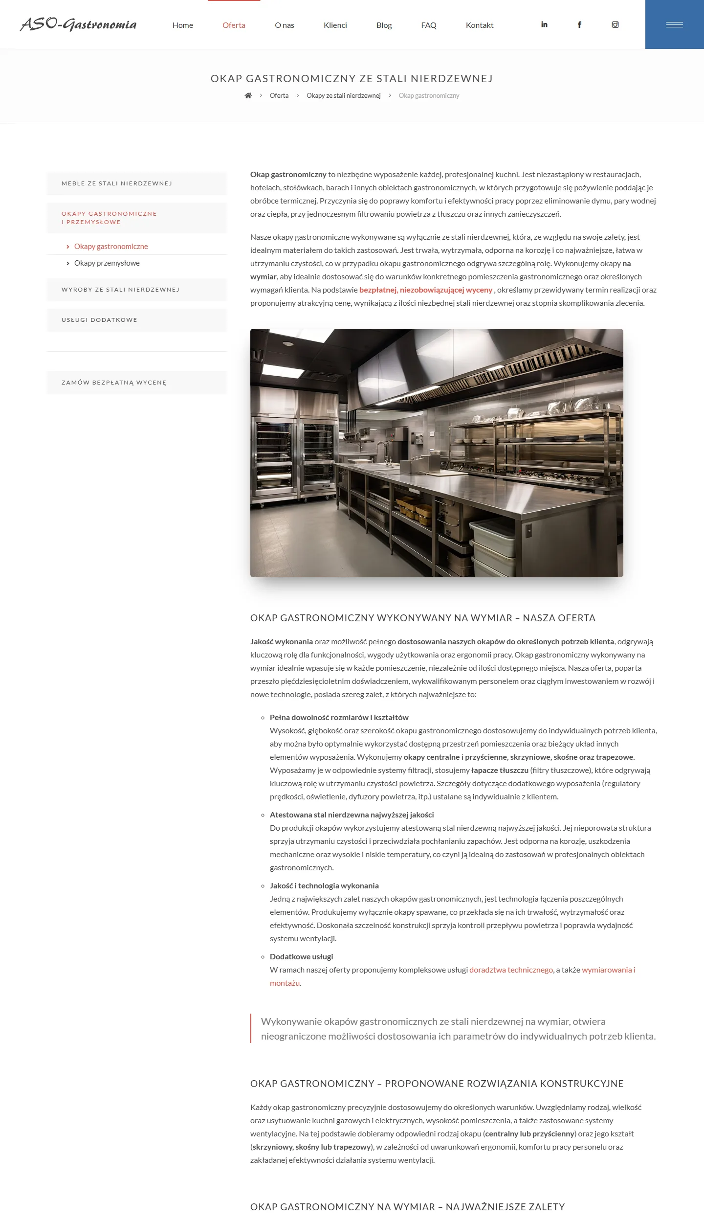 Podstrona okapu gastronomicznego: katalog wyrobów w bocznym menu, kontakt do wyceny i opis wykonania na wymiar