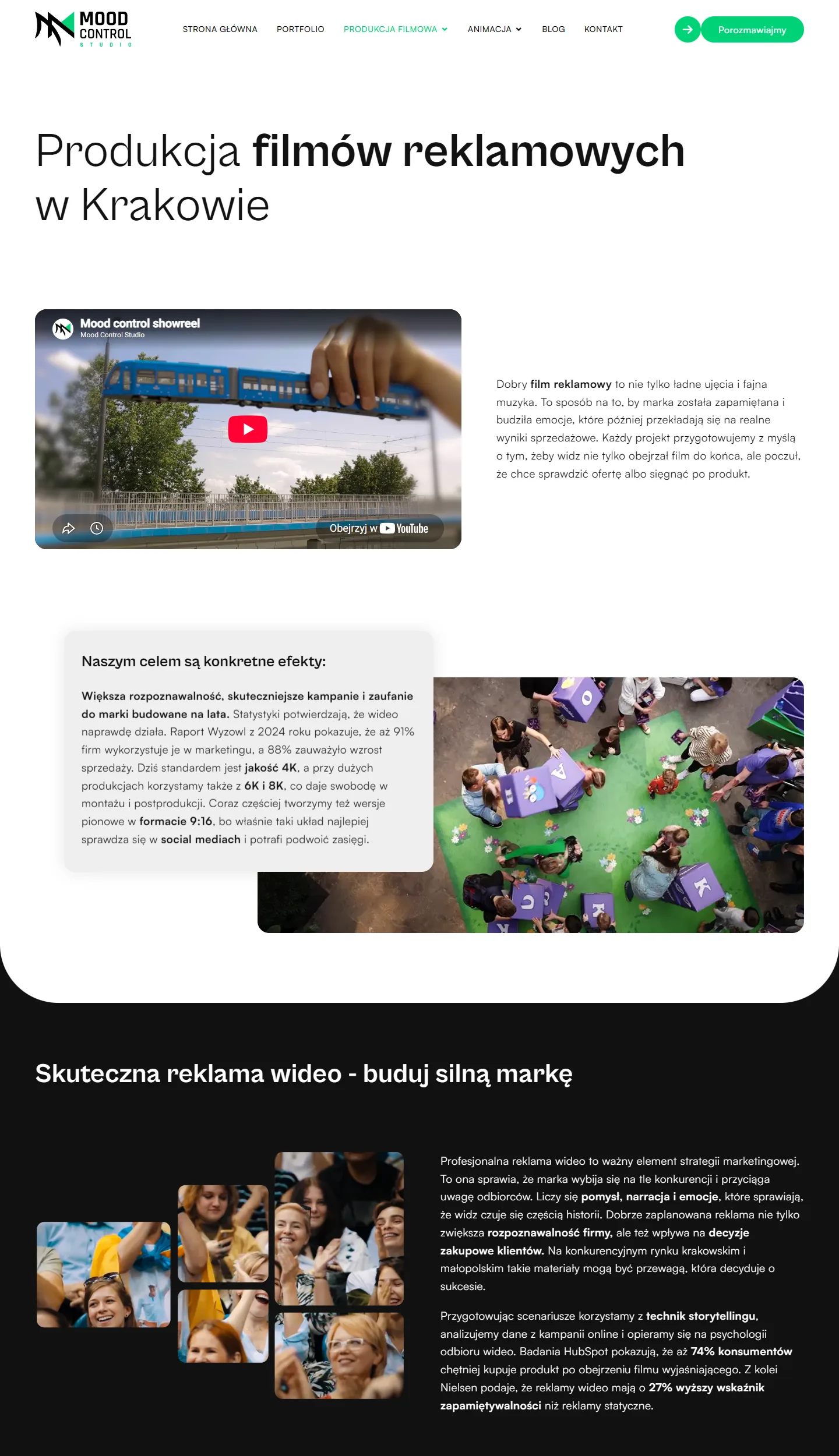 Strona ofertowa serwisu Mood Control: showreel studia w nagłówku, oferta filmów i animacji, logotypy klientów