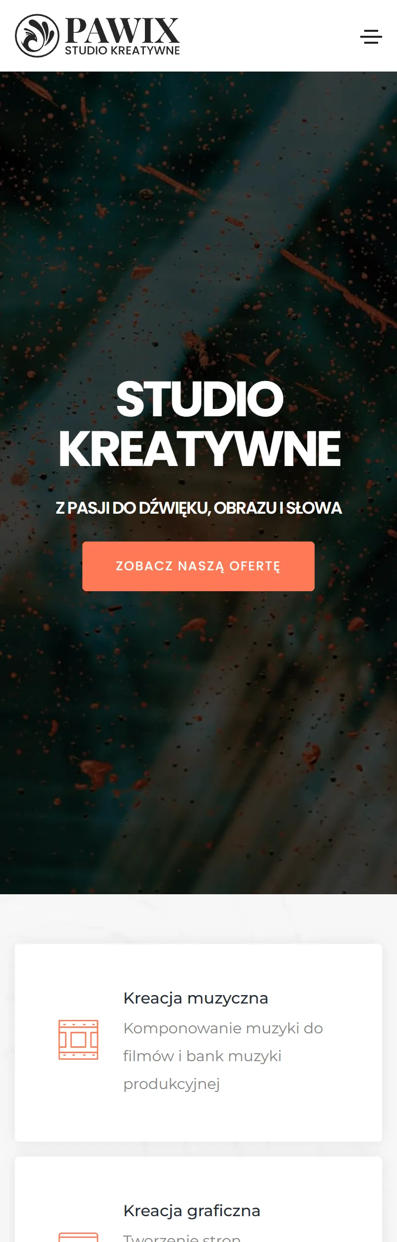 Strona główna serwisu Pawix na telefonie: logotyp, menu i hero studia