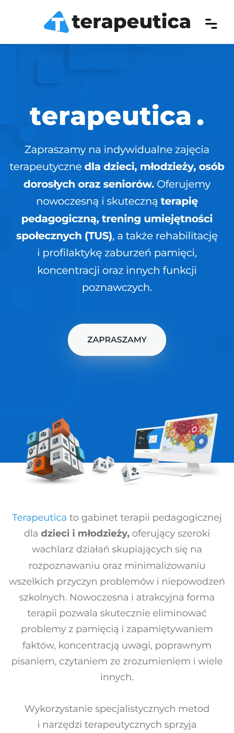 Strona główna serwisu Terapeutica na telefonie: logotyp, menu i hero gabinetu